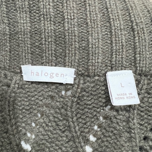 Halogen Cashmere Wool Crocheted Knit Wrap Cardigan – Olive Green Shawl Collar L - Picture 14 of 16